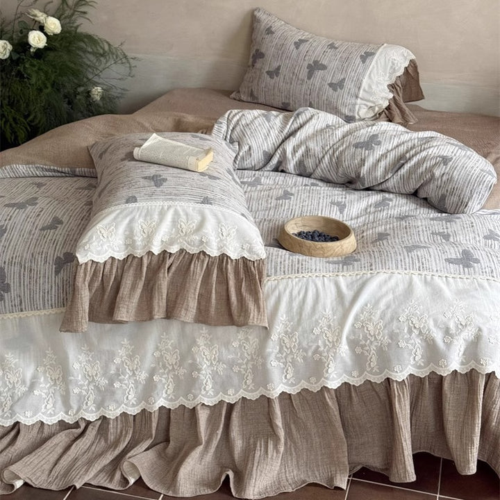 Embroidered Scallop-Edge Duvet Cover Set with Ruffled Bedskirt & Pillow Shams
