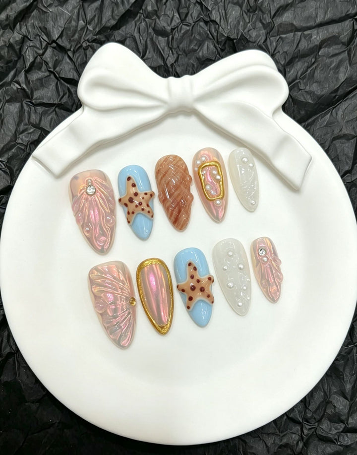 Decorative Press-On Nail Art Set with Unique Marine-Themed Designs