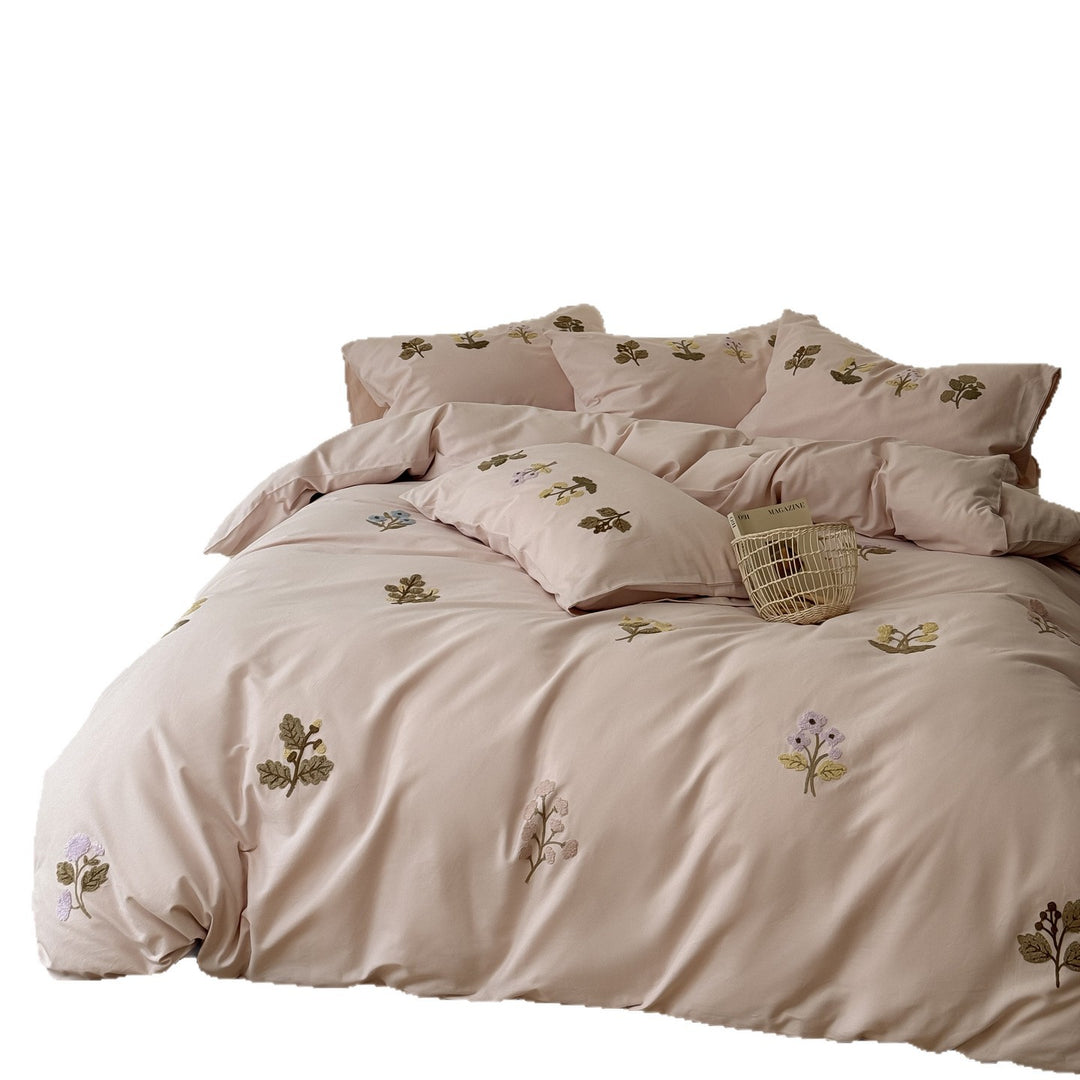 Botanical Appliqué Cotton Sateen Duvet Cover Ensemble with Hidden Zipper and Deep-Pocket Pillow Shams