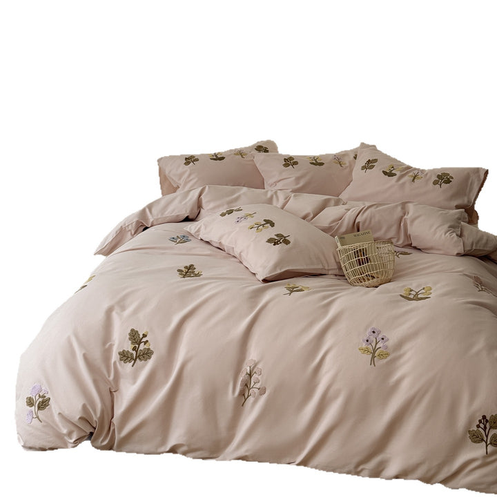 Botanical Appliqué Cotton Sateen Duvet Cover Ensemble with Hidden Zipper and Deep-Pocket Pillow Shams