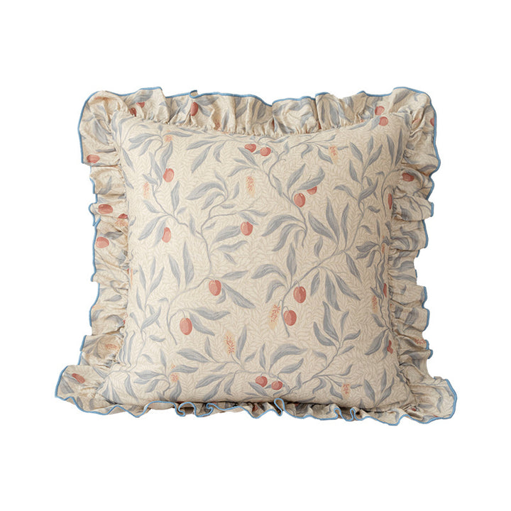 Decorative cushion with ruffles and botanical linen pattern Stornfield