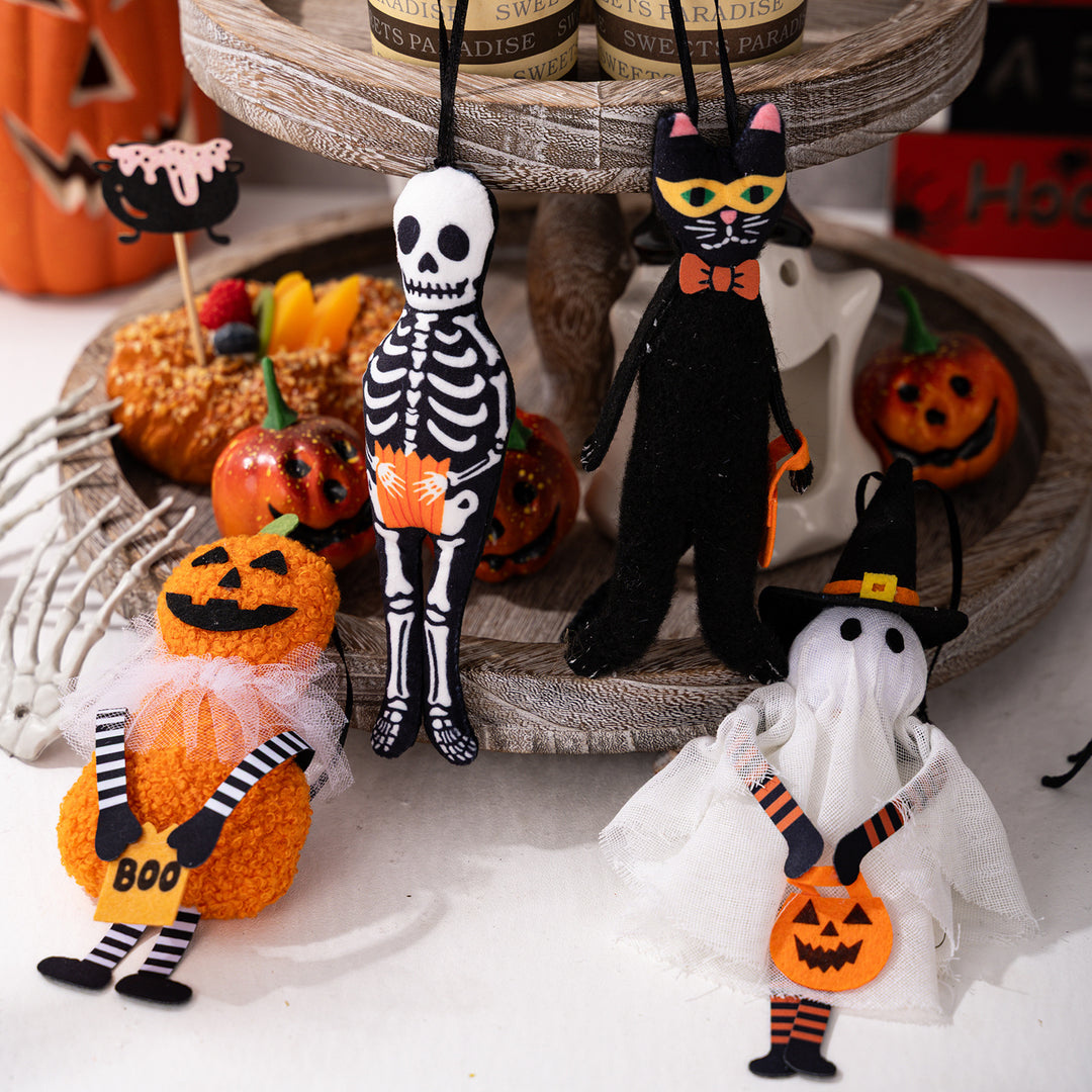 Halloween Hanging Decoration Plush Pumpkin with Tulle Collar and Ribbon Hanger