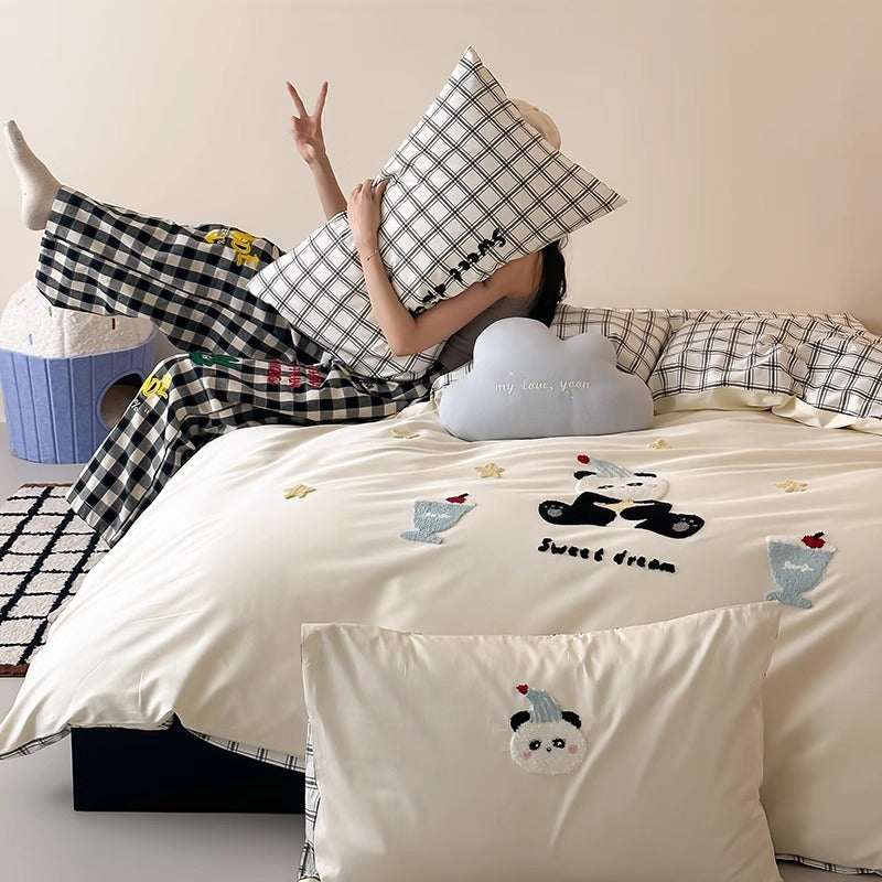 Embroidered Cotton Sateen Duvet Cover Set with Appliqué Bunnies and Polka Dot Pillowcases