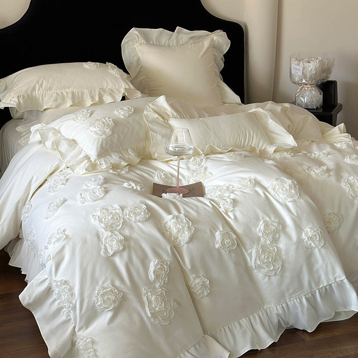 Luxury Appliqué Rose Ruffled Duvet Cover Set with Frilled Pillow Shams