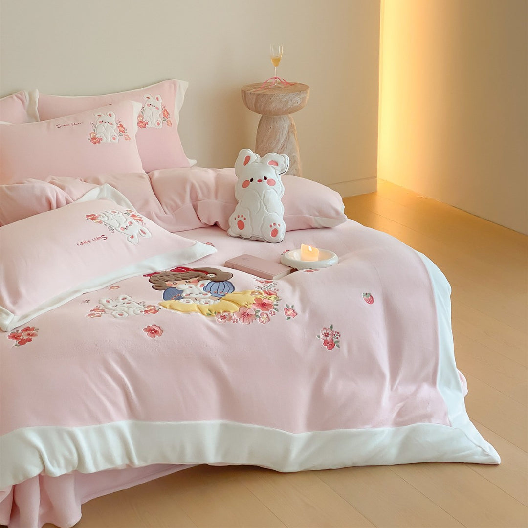 Cartoon Embroidered Duvet Cover Set with Plush Appliqué & Pillow Shams