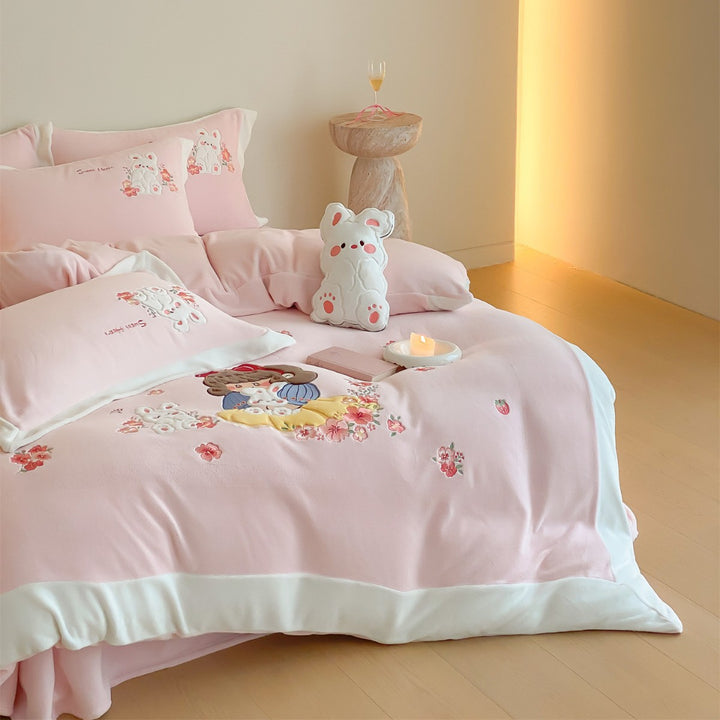 Cartoon Embroidered Duvet Cover Set with Plush Appliqué & Pillow Shams