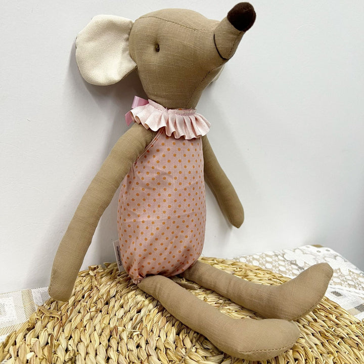 Handmade Linen Bunny Soft Cloth Doll with Embroidered Overalls