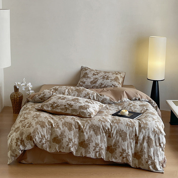 Luxurious cotton bedding set with abstract floral print and reversible function