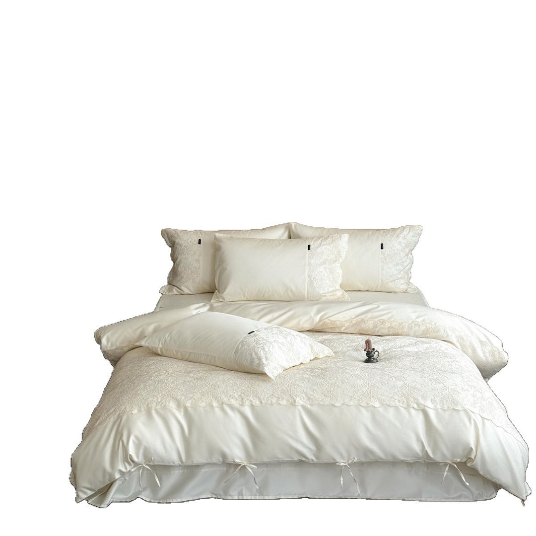 Luxury Embroidered Scalloped-Edge Duvet Cover Set with Bedskirt and Ribbon-Tie Shams