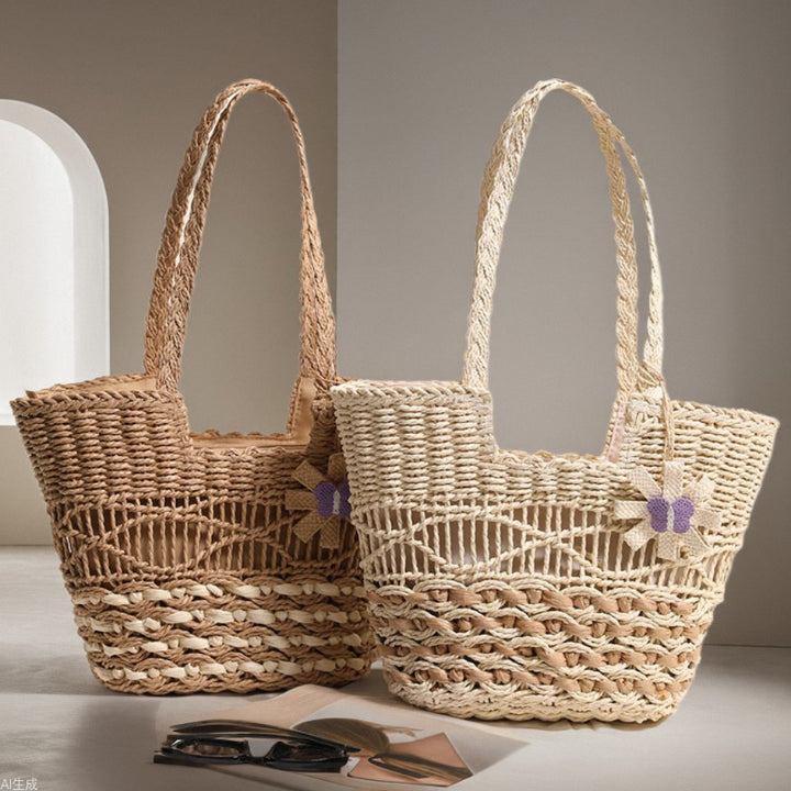 Braided basket bag with decorative flower appliqué Stornfield