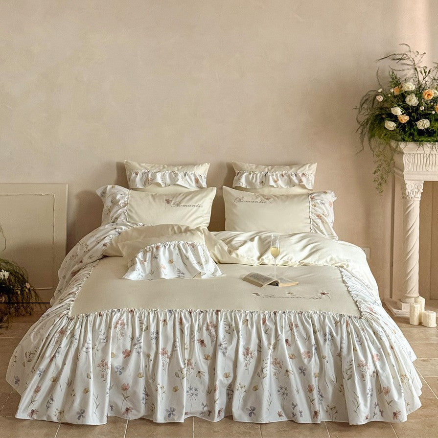 Ruffled Floral Cotton Sateen Duvet Cover Set with Pillow Shams and Bed Skirt