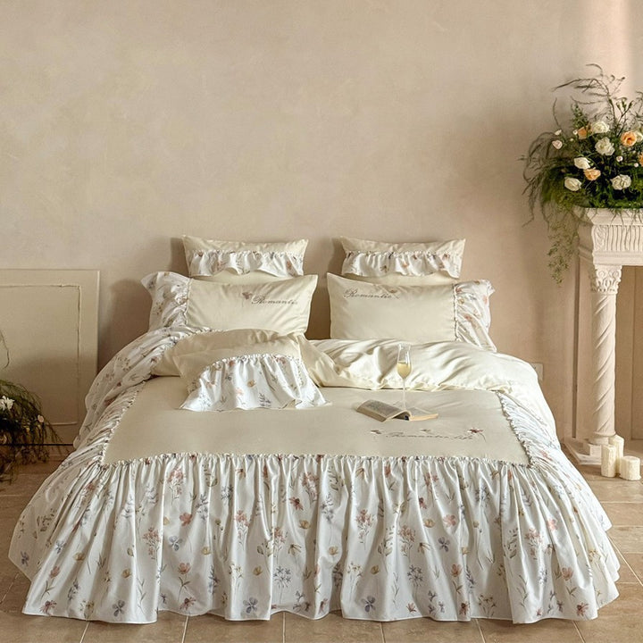 Ruffled Floral Cotton Sateen Duvet Cover Set with Pillow Shams and Bed Skirt