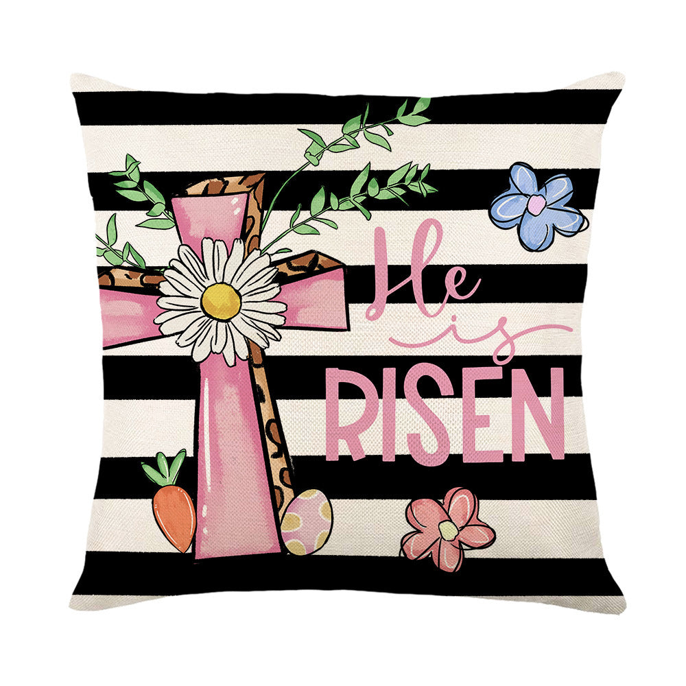 Spring Easter Cotton-Linen Square Decorative Throw Pillow Cover with 'Happy Easter' Script Print
