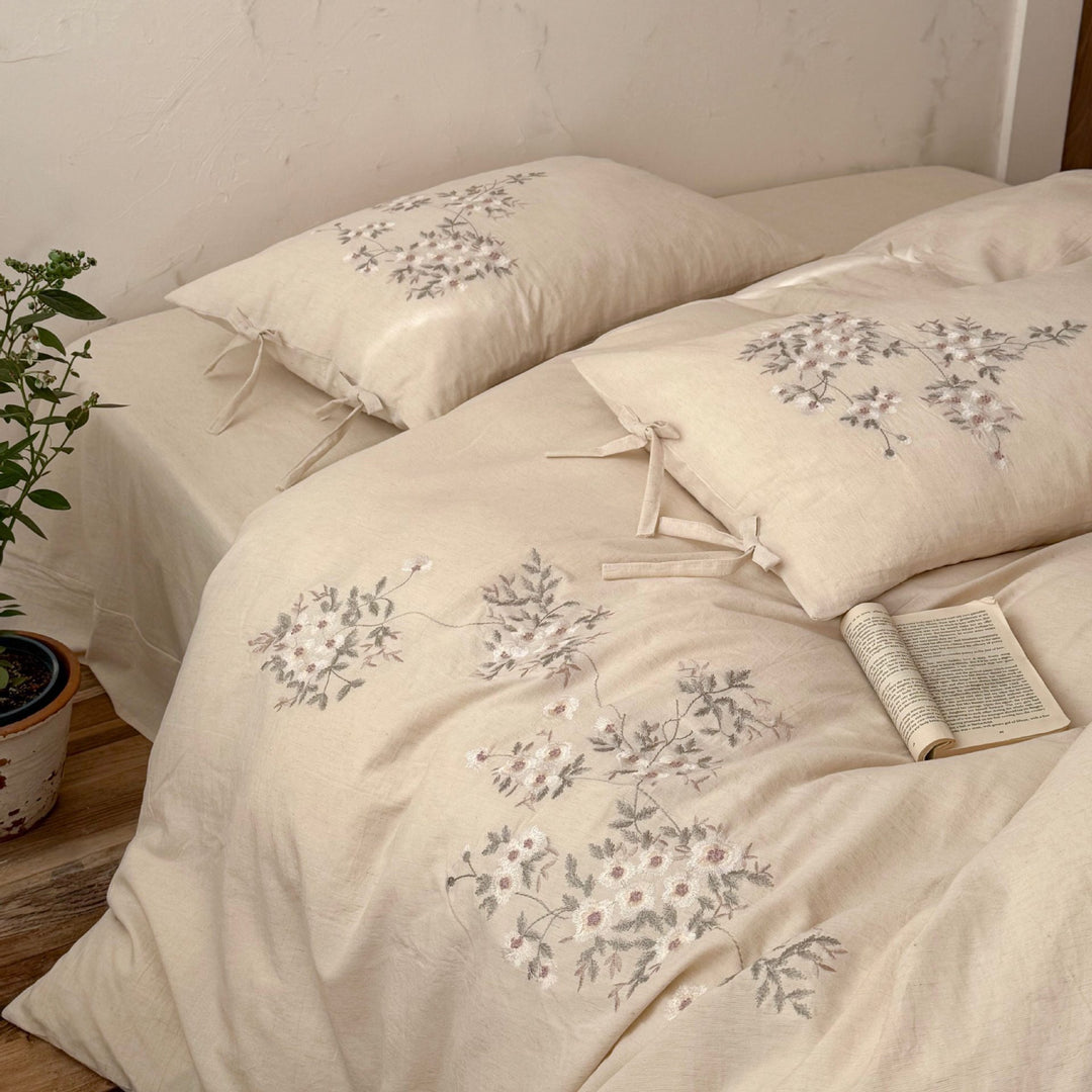 Embroidered Linen Duvet Cover and Tie-Closure Pillowcase Set