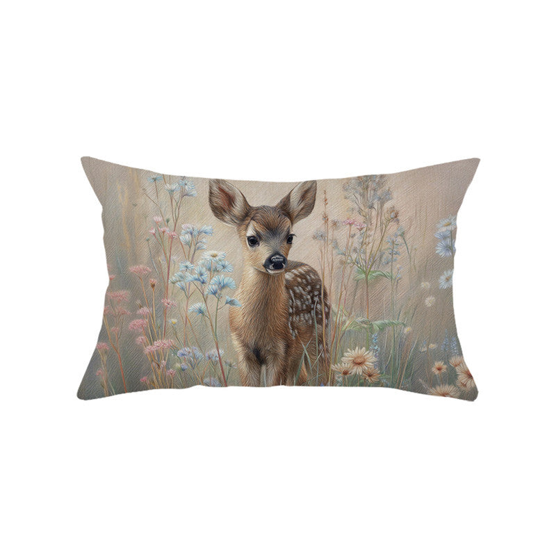 Decorative Rectangular Cotton-Linen Pillow Cover with Kitten Garden Illustration