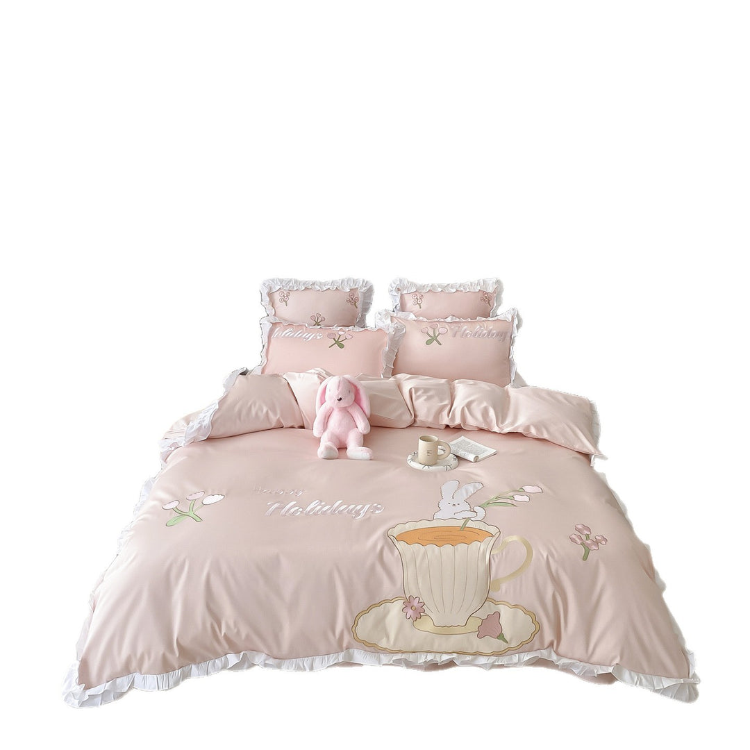 Ruffled Satin-Feel Duvet Cover Set with Embroidered Bunny and Teacup Motif