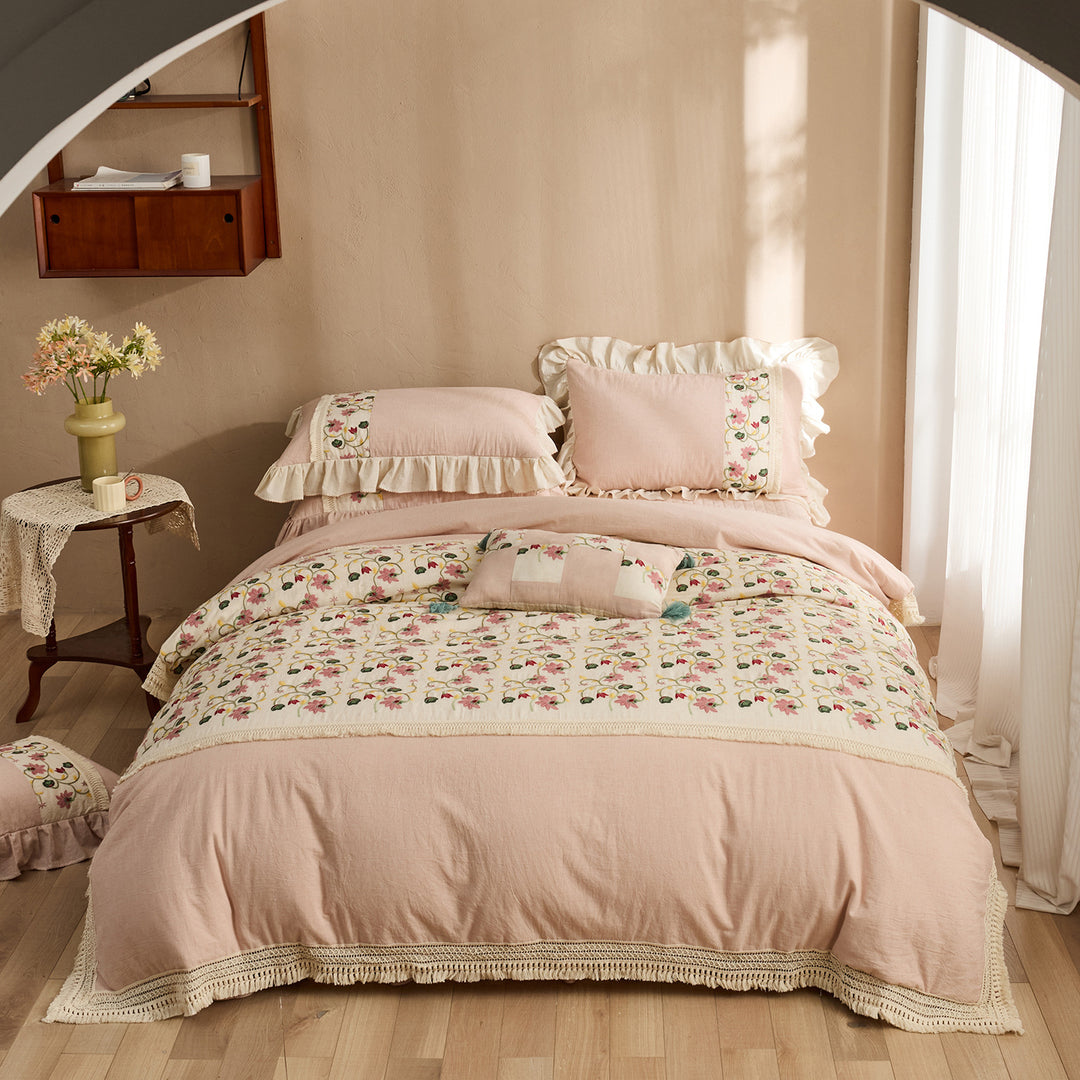Ruffled Embroidered Floral Cotton Duvet Cover Set with Lace Trim & Decorative Shams