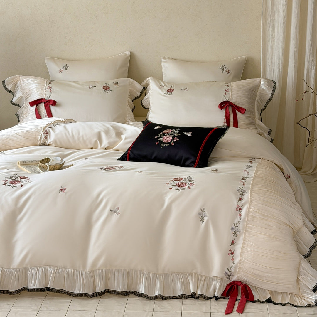 Exquisite cotton satin bedding set with floral embroidery, pleated ruffle and decorative bows