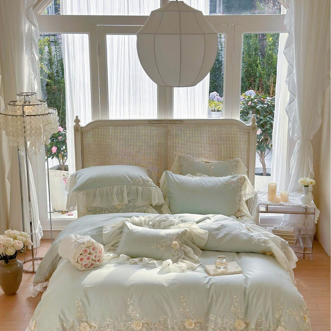 Luxurious embroidered bedding set with ruffles and lace