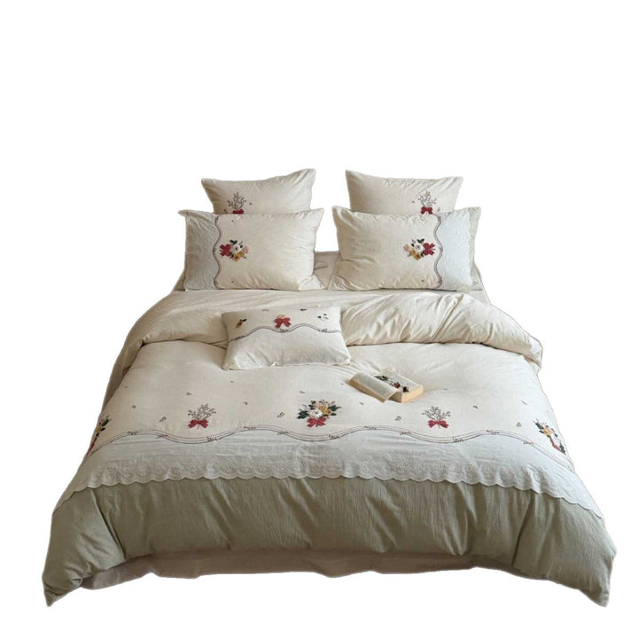 Vintage-inspired linen-cotton bedding set with flower garland embroidery