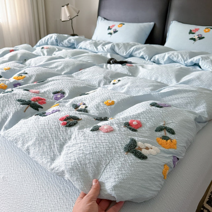Textured Embroidered Floral Duvet Cover Set with Tufted Appliqué