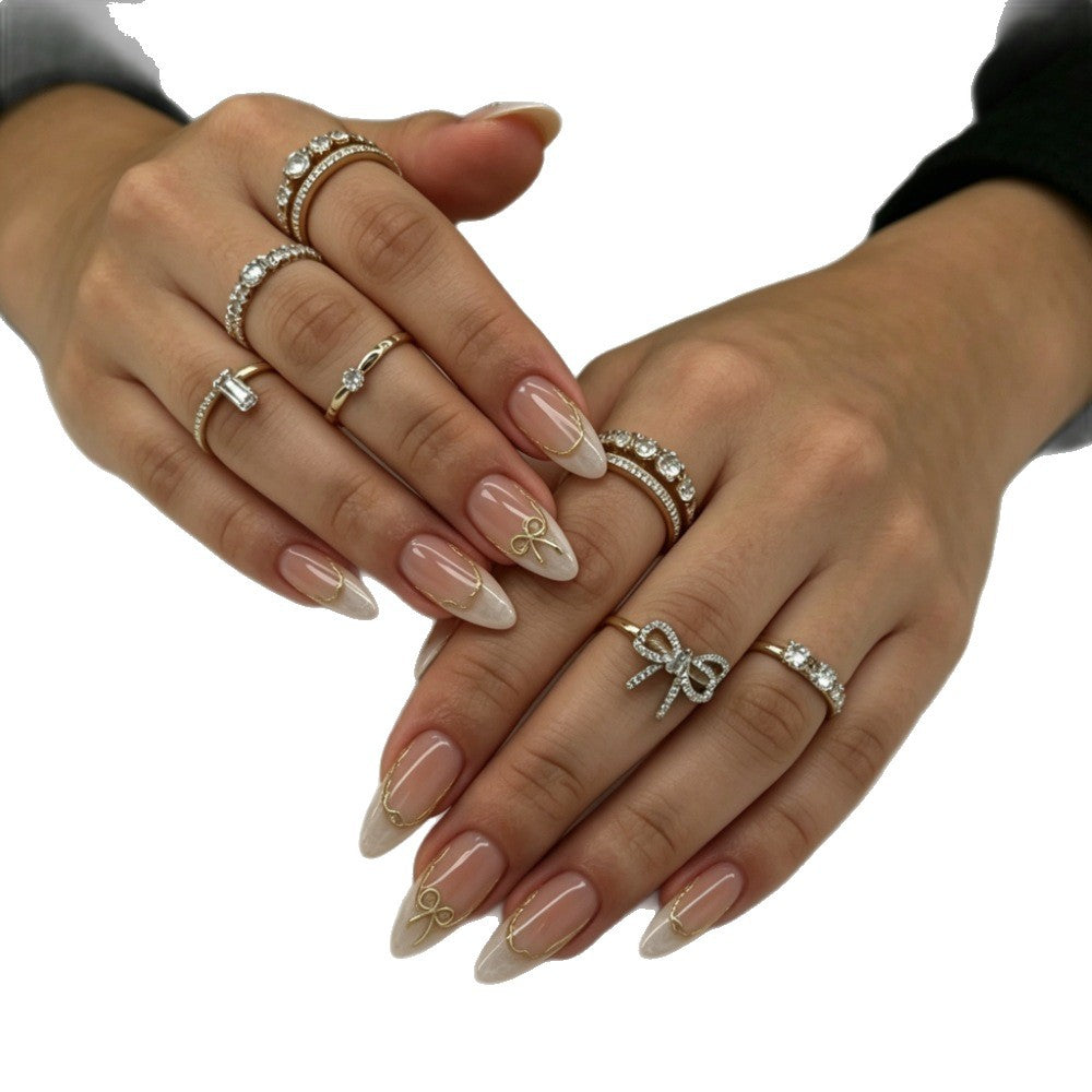 Artificial nails with Elegant French Design and Golden Decorations Stornfield