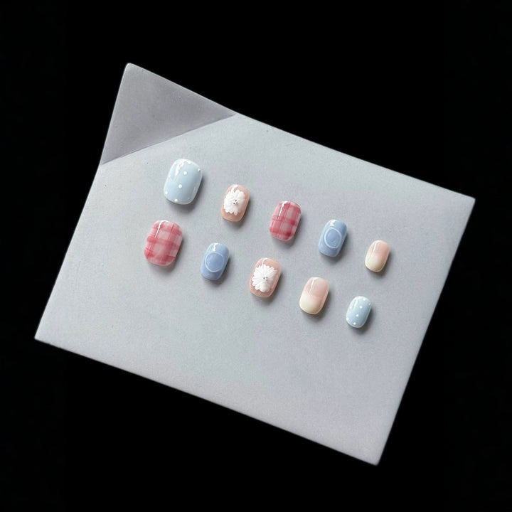 Decorative Press-On Nail Art Set with Floral and Plaid Designs