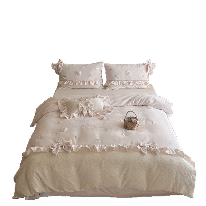 Romantic Ruffled Embroidered Cotton Duvet Cover Set