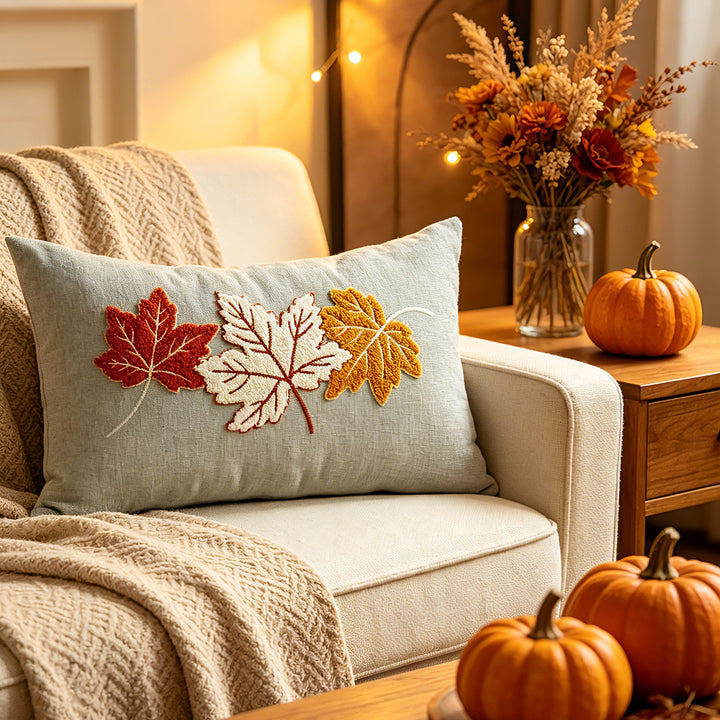 Embroidered Autumn Maple Lumbar Pillow Cover with Textured Chenille Leaf Appliqué