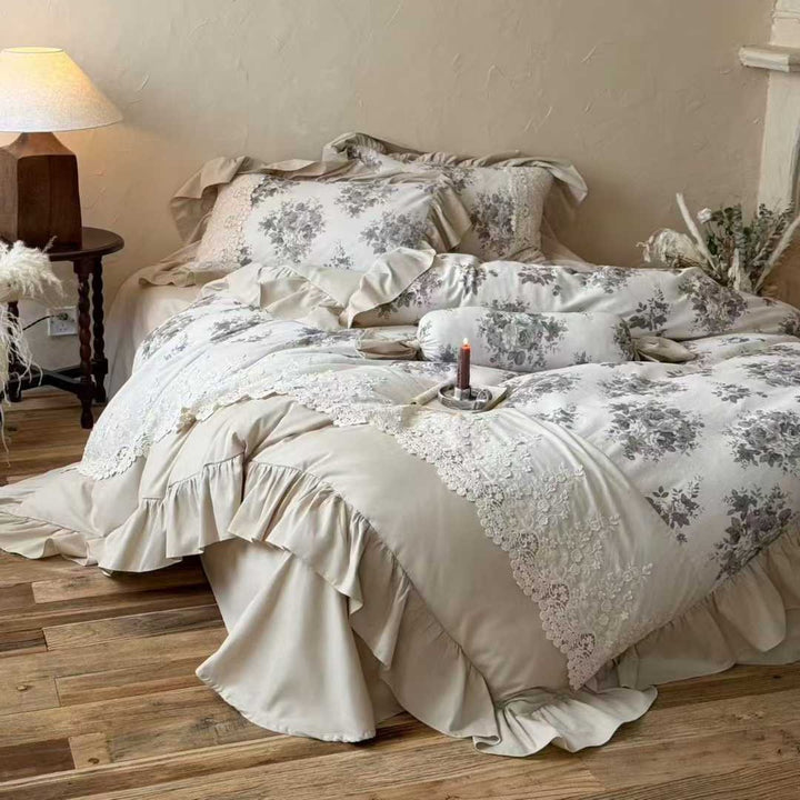 Ruffled Lace-Trim Cotton Sateen Duvet Cover Set with Floral Jacquard Shams & Decorative Bolster