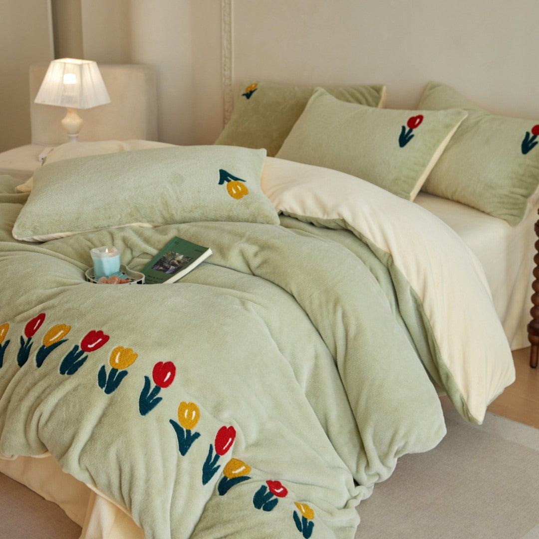 Plush duvet cover set with embroidered tulips, cozy teddy fleece, reversible function, and matching pillowcases