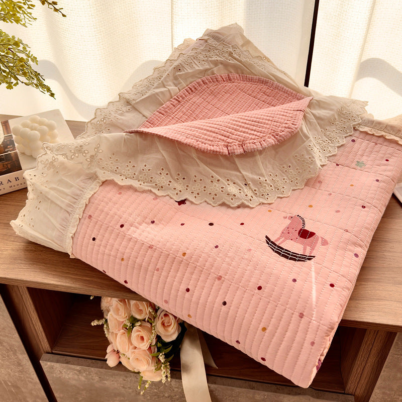 Quilted Floral Reversible Throw Blanket with Eyelet Lace Ruffle