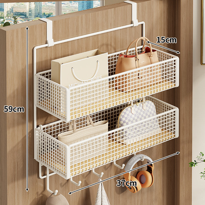 Over-Door Double-Tier Wire Mesh Storage Rack with Utility Hooks