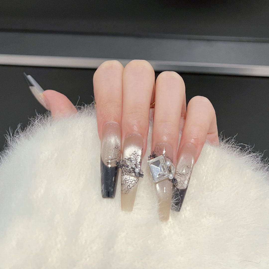 Artistic Press-On Nail Set with Unique Lace and Gemstone Accents Stornfield