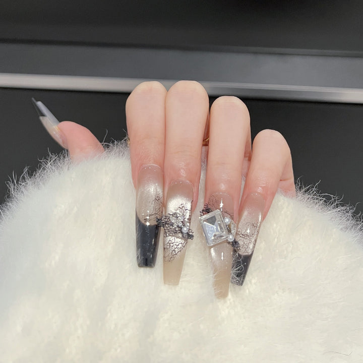 Artistic Press-On Nail Set with Unique Lace and Gemstone Accents Stornfield