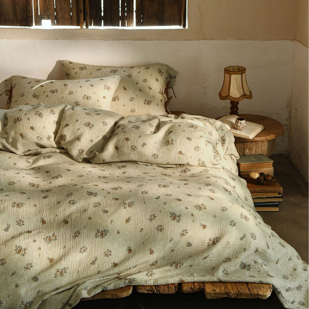 Natural cotton-linen duvet cover set with a crinkled linen look and floral tone-on-tone pattern