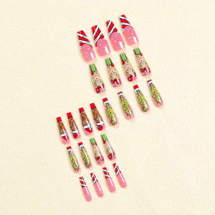 Artificial nail set with festive motifs and charming Grinch design Stornfield