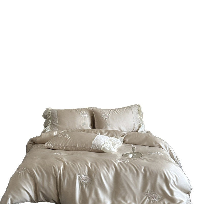 Embroidered Satin Duvet Cover Set with Ruffled Lace-Trim Pillow Shams
