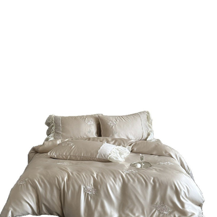 Embroidered Satin Duvet Cover Set with Ruffled Lace-Trim Pillow Shams