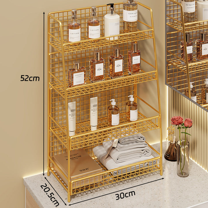 Angled Desktop Mesh Vanity and Countertop Organizer with Three Wire-Tier Baskets and Grid Back