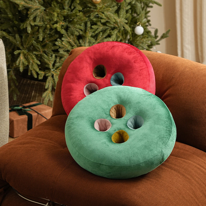 Round floor cushion pouf in button design with four recessed compartments and soft velvet cover Stornfield