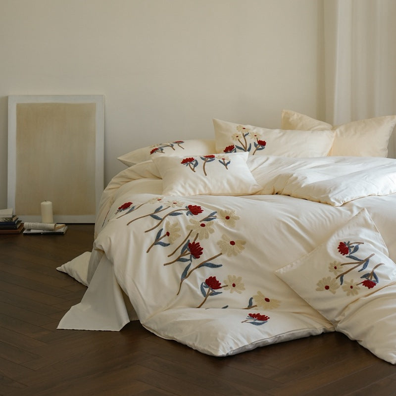 Embroidered Botanical Cotton Percale Duvet Cover Set with Appliqué Flowers and Envelope Shams