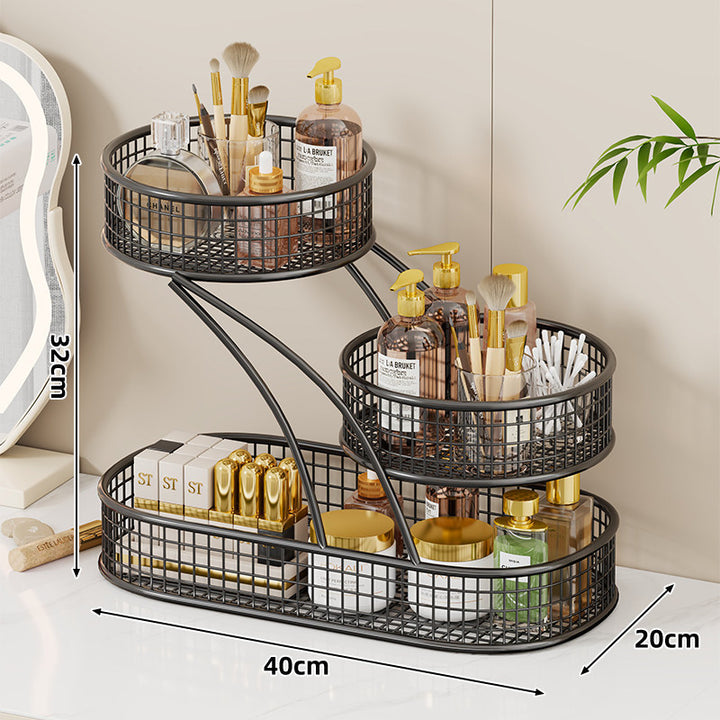 Triple-Tier Mesh Vanity and Countertop Organizer with Integrated Tissue Slot and Metal Grid Baskets