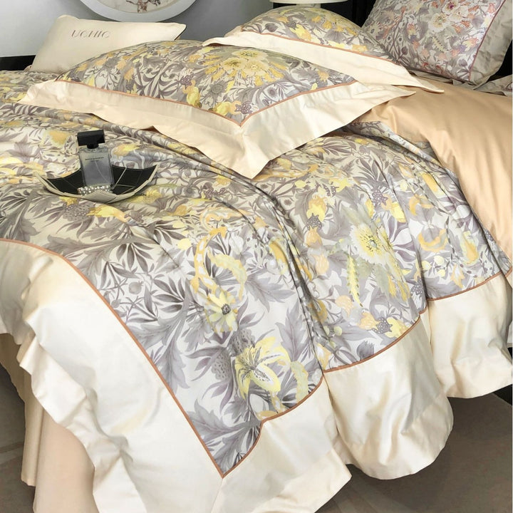 Luxurious cotton satin bedding set with floral print, ruffled bed skirt, and pillowcases