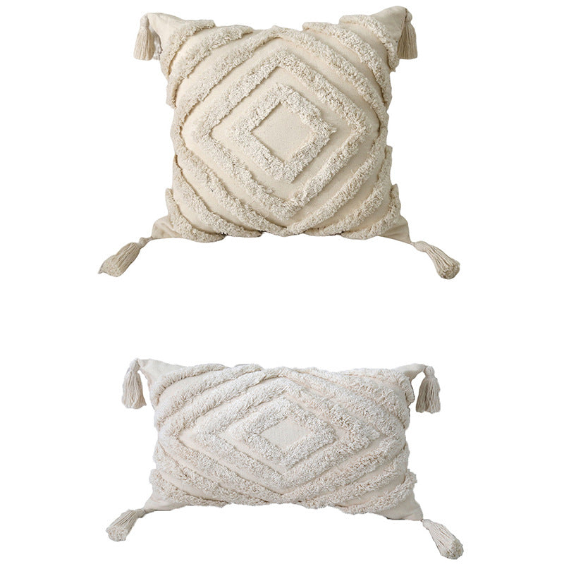 Artisanal Tufted Pom-Pom Cotton Square & Lumbar Tassel Accent Pillow Set with Removable Covers