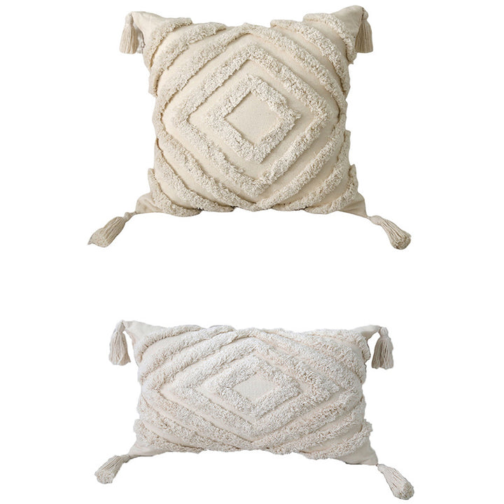 Decorative Boho Tassel Throw Pillow with Textured Diamond Tufting