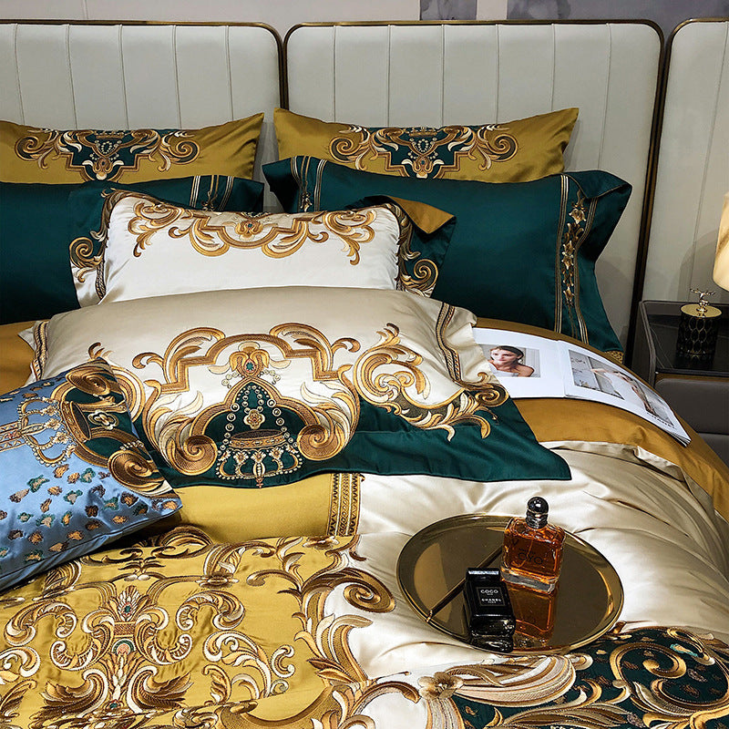 Silky Floral Embroidered Satin Duvet Cover Bedding Set with Scalloped Hem & Pillow Shams