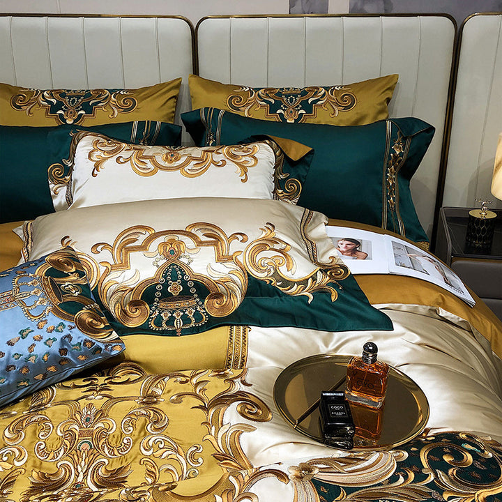 Silky Floral Embroidered Satin Duvet Cover Bedding Set with Scalloped Hem & Pillow Shams