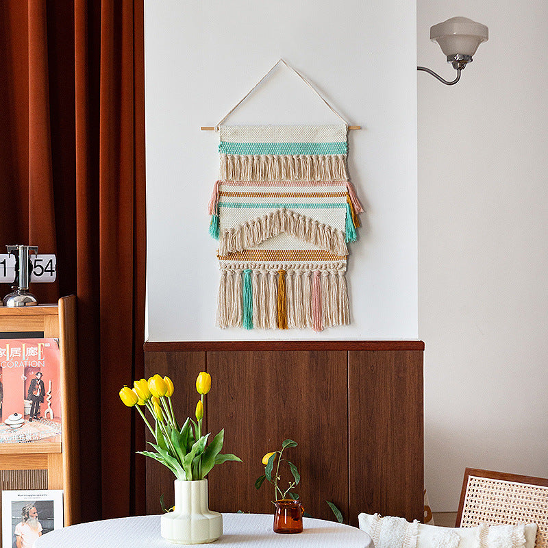 Woven Boho wall tapestry with macrame fringes and handcrafted textured relief Stornfield