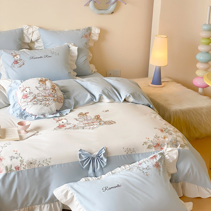Ruffled Embroidered Cotton Sateen Bedding Ensemble with Decorative Round Pillow & Ruffled Skirt